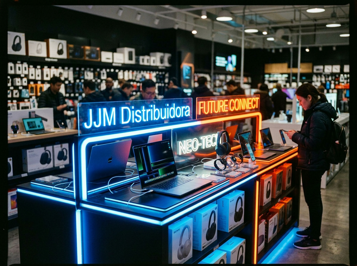 Retail display of laptops and headphones with blue and orange neon signage